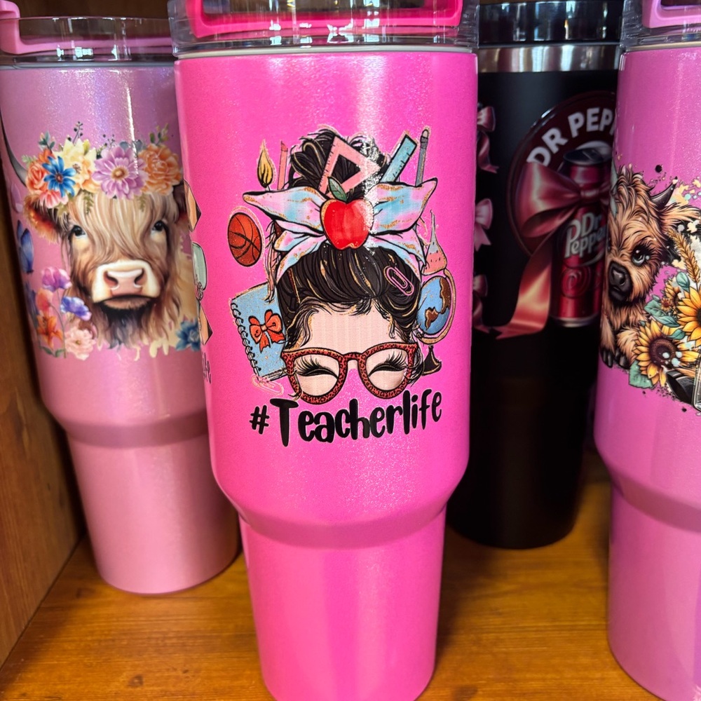 40 oz stainless steel hot pink shiny hot cold tumbler with teach uv dtp wrap